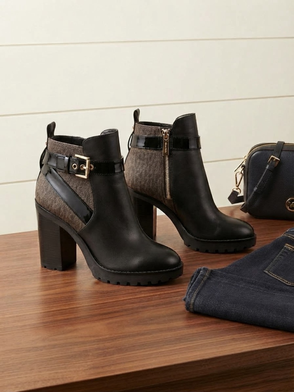 Michael Kors Black Leather & Monogram Block-Heel Lug Booties